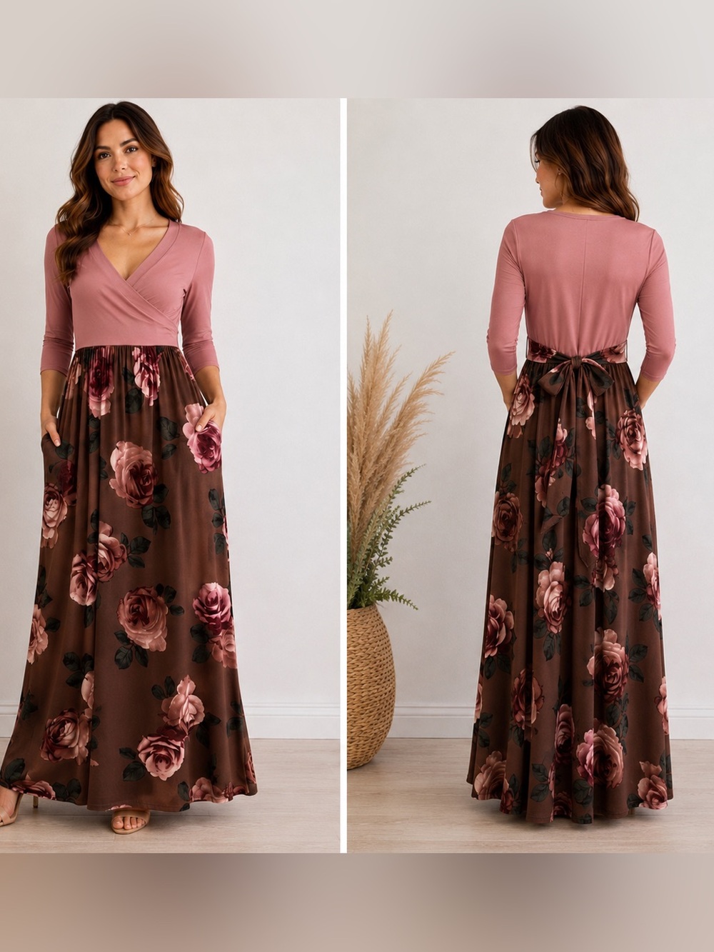 Reborn J Floral Maxi Dress Small Dusty Rose Pink long sleeve pockets boho comfy